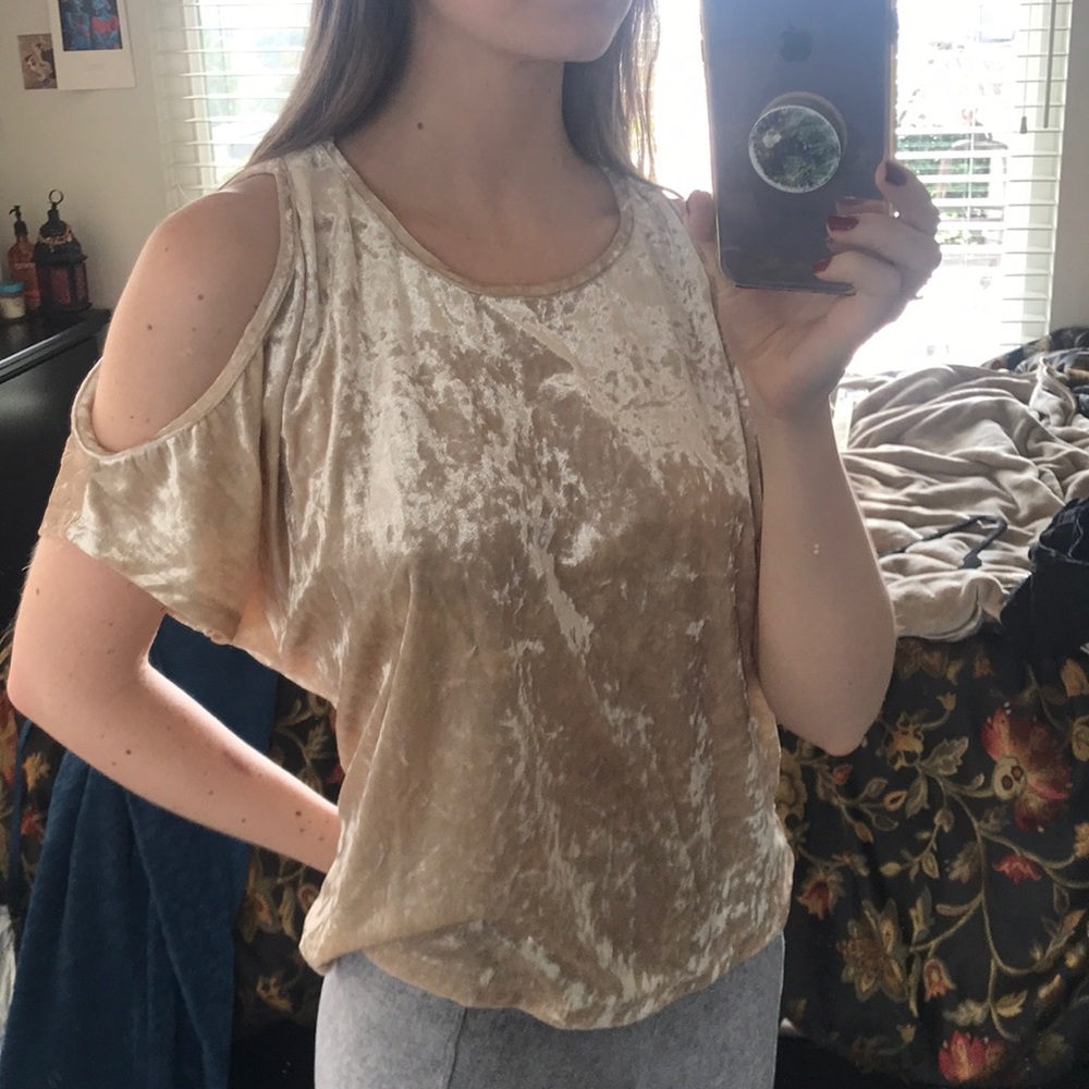 Shiny Champagne Open-Shoulder Top